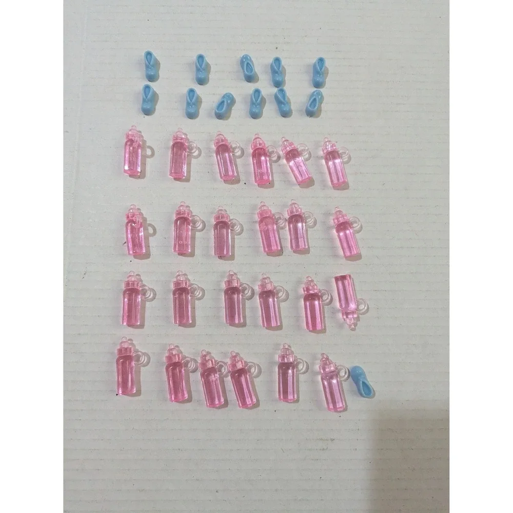 36pc Miniature Baby Shower Favors Pink Plastic Bottles and Blue Booties Set